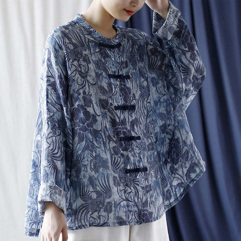 Retro Blue White Flowers Frog-Button Design Long Sleeve Ramie Linen Jacket Shirt