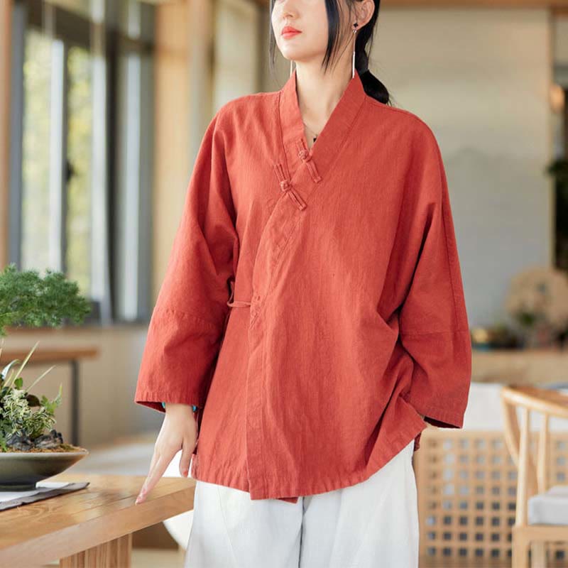 Frog-Button Hanfu Design Long Sleeve Coat Zen Meditation Open Front Top Jacket