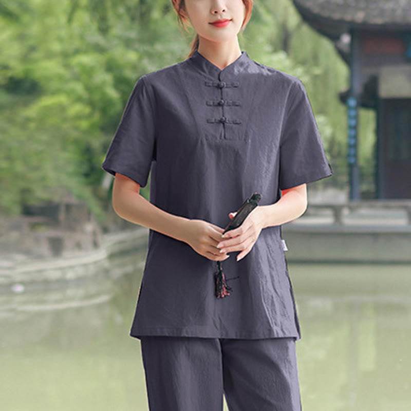 2Pcs Women's Short Sleeve Shirt Top T-Shirt Pants Meditation Zen Tai Chi Cotton Linen Clothing Set