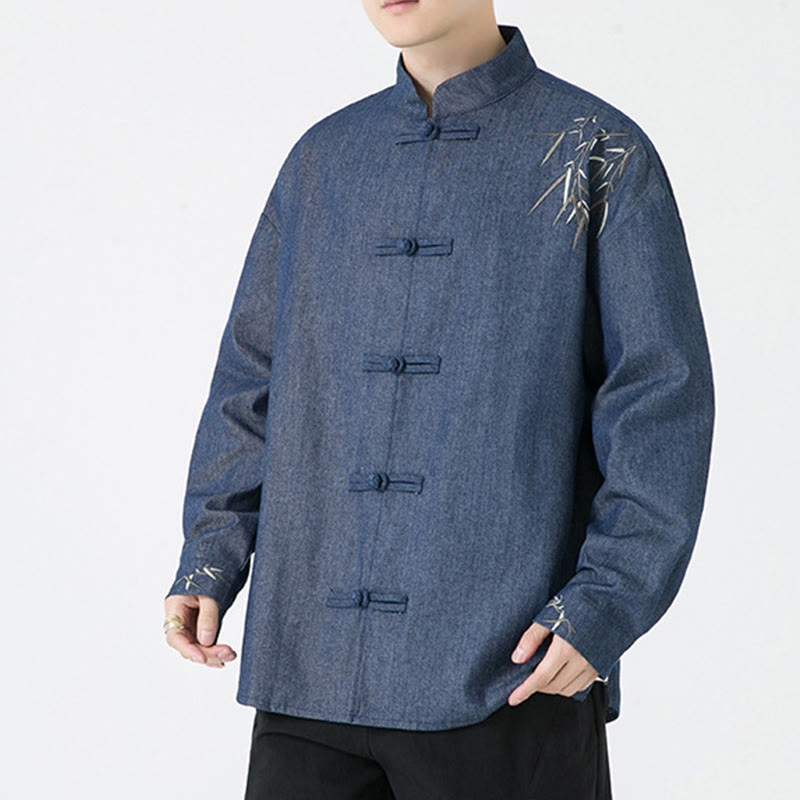 Bamboo Leaves Design Frog-button Tang Suit Cotton Men's Jacket Shirt