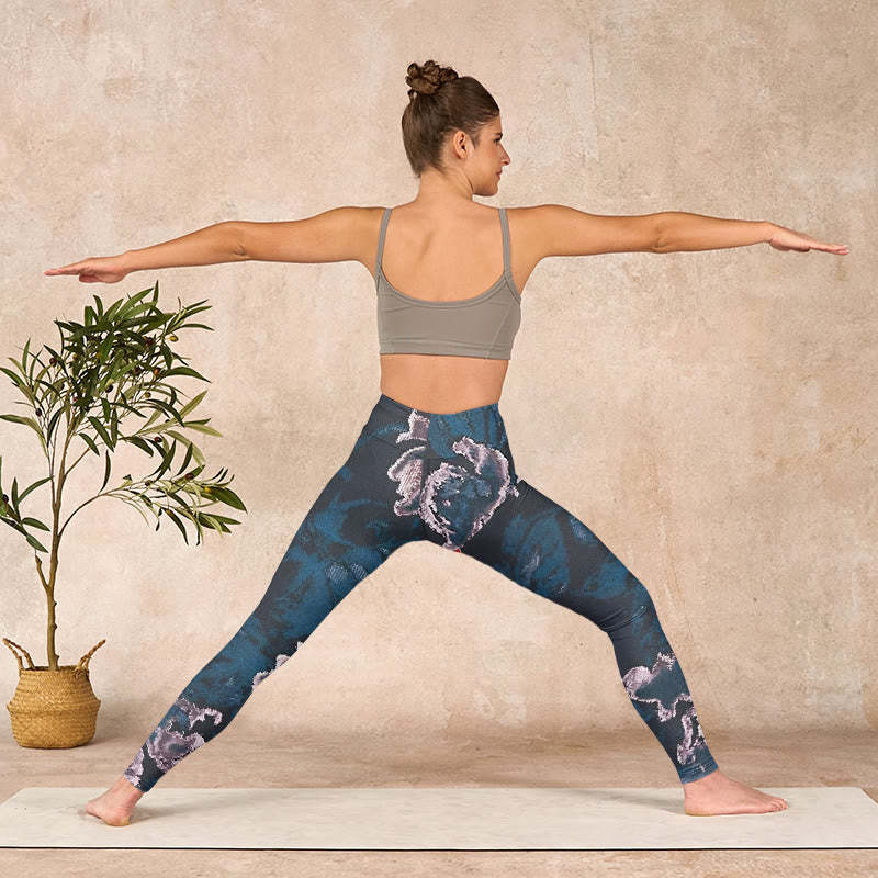 SteelBlue Silver Flowers Print Exercise Leggings Women's Yoga Pants