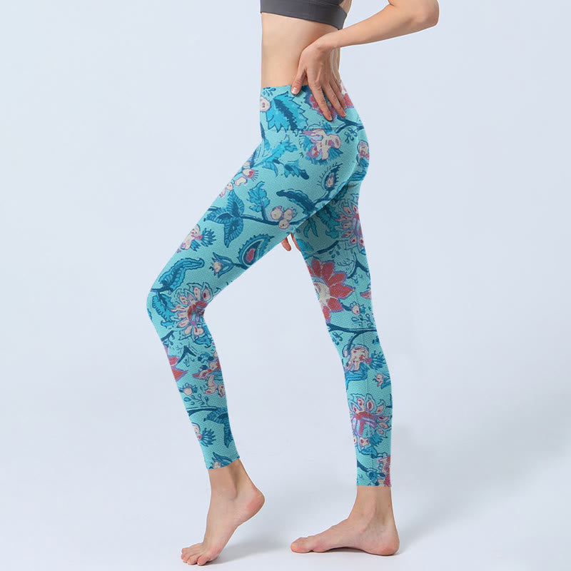 Blue Red Flowers Leaves Print Gym Leggings Women's Yoga Pants