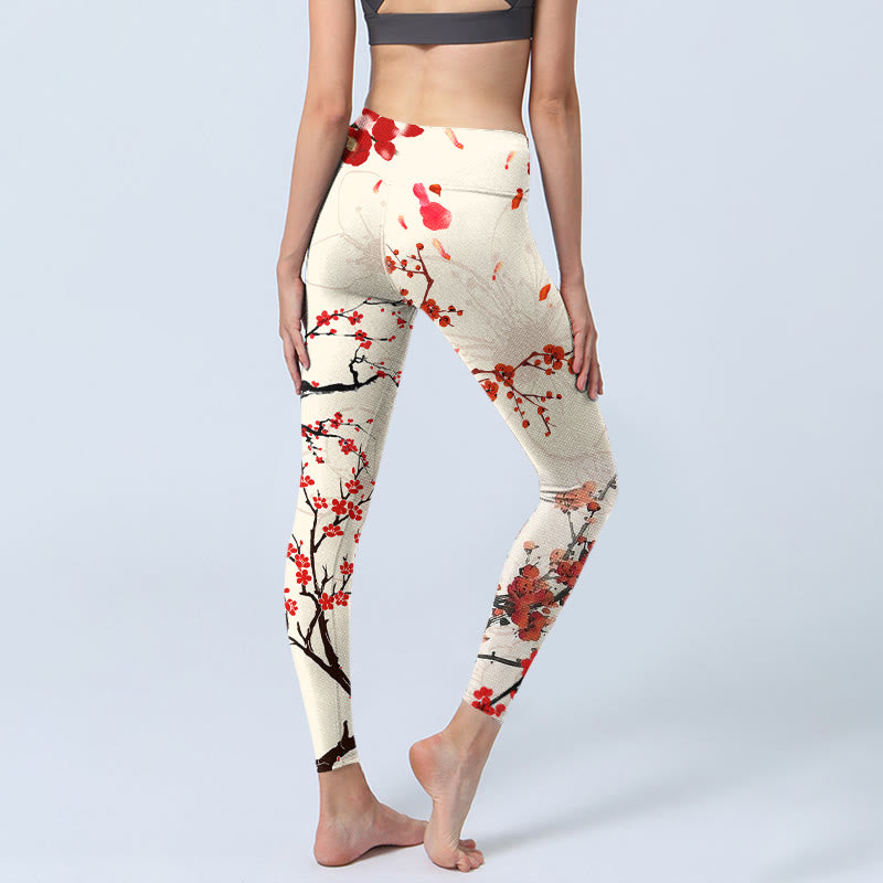Blooming Red Plum Blossoms Print Gym Leggings Women's Yoga Pants