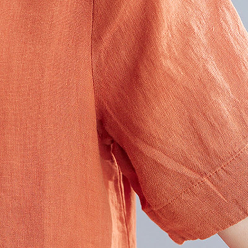 Casual Loose Solid Color Cotton Linen Crew Neck Half Sleeve Design Midi Dress With Pockets