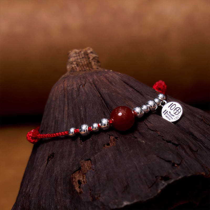 Handmade 925 Sterling Silver Fu Character Red Agate Fortune Braided Ultra-Thin Rope Bracelet