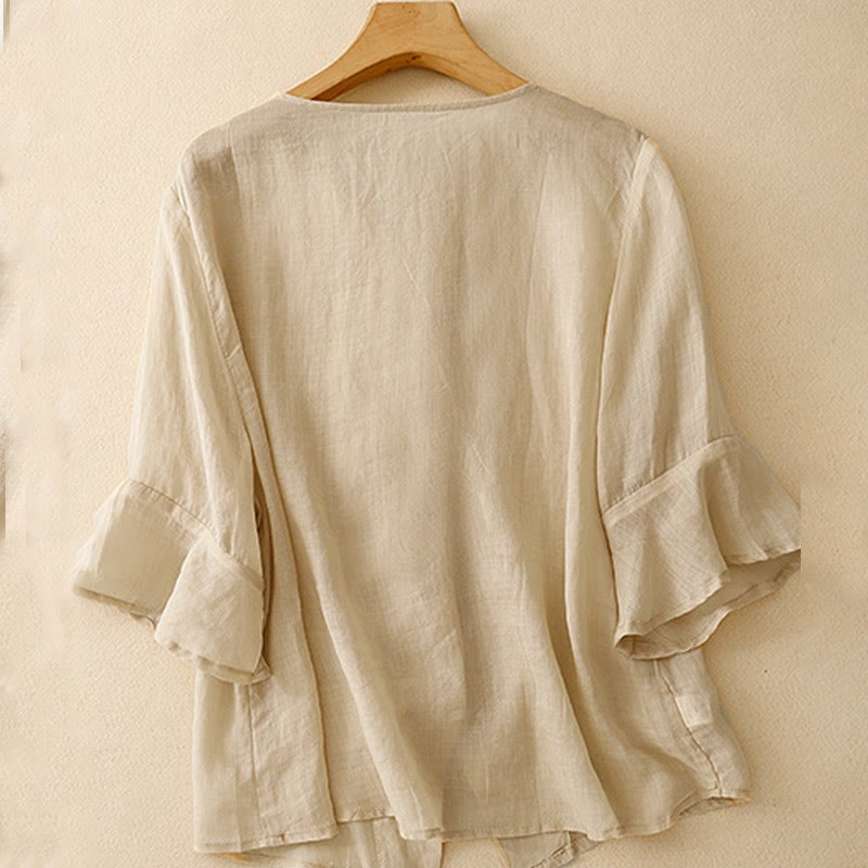 Casual Women's V-Neck Design Half Bell Sleeve Cotton Linen Cardigan Shirt