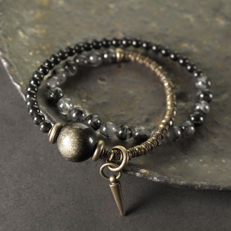 Gold Sheen Obsidian Black Rutilated Quartz Copper Brass Double Wrap Protection Bracelet