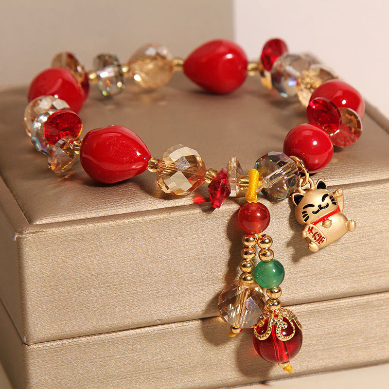 Red Stone Lucky Cat Rabbit Fu Character Fortune Bracelet