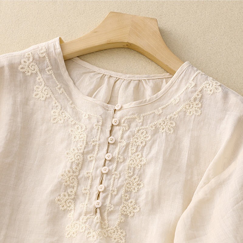 Casual Women's Plain Frog Buckle Design Half Sleeve Cotton Linen Shirt
