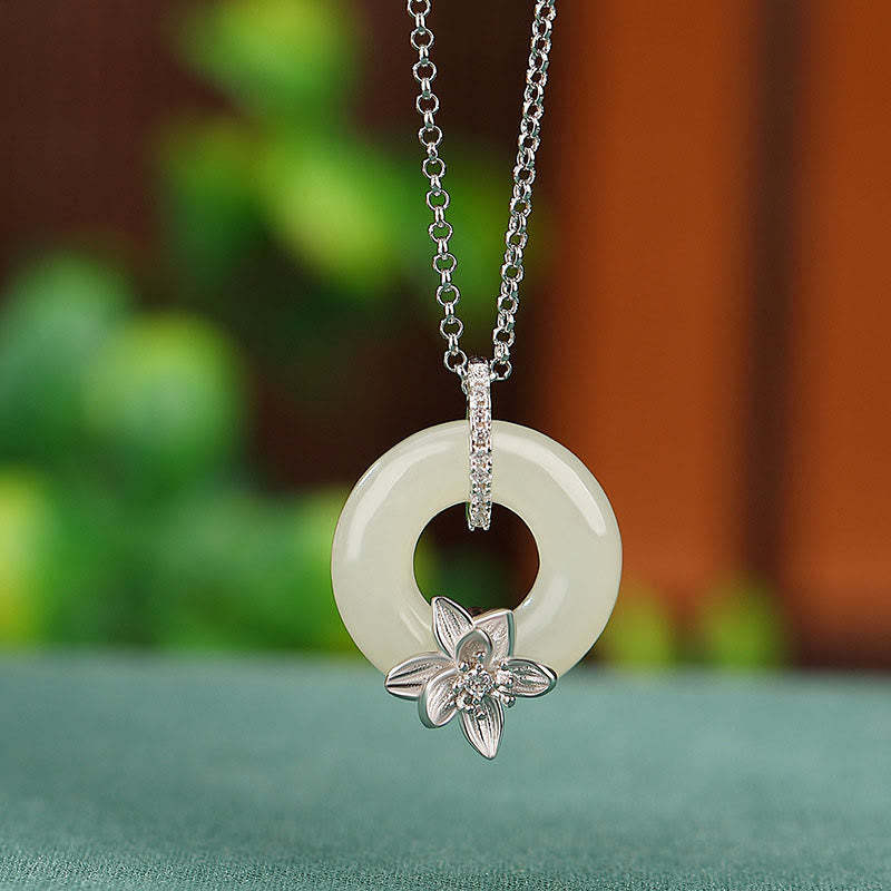 925 Sterling Silver Hetian Jade Peace Buckle Flower Luck Necklace Pendant