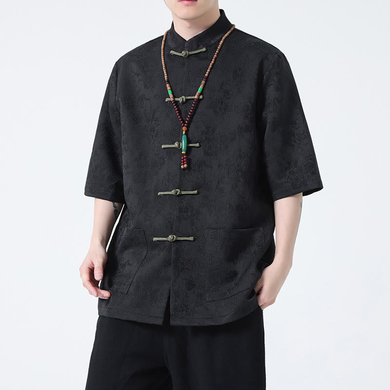 Solid Color Jacquard Frog-button Chinese Half Sleeve Shirt Men T-shirt