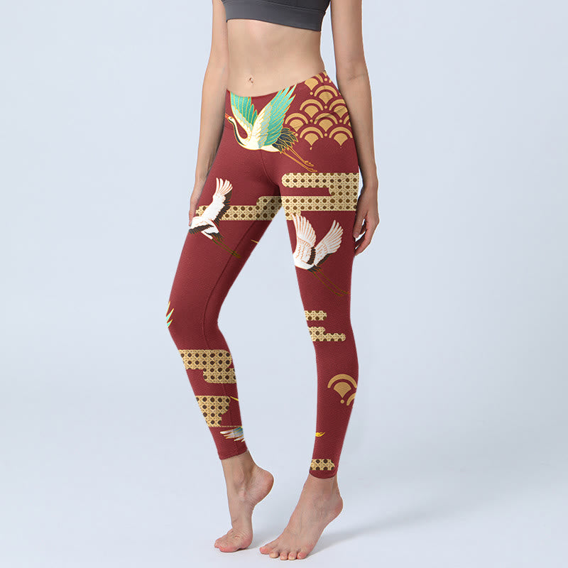 Red Crowned Crane Cloud Pattern Print Gym Leggings Women's Yoga Pants
