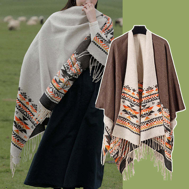 Tibetan Geometric Rhombus Pattern Tassels Shawl Fall Winter Warm Cozy Scarf Wrap