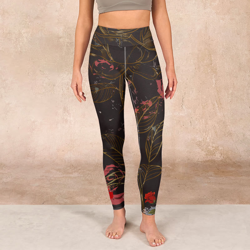 Red Roses Print Gym Leggings Women's Yoga Pants