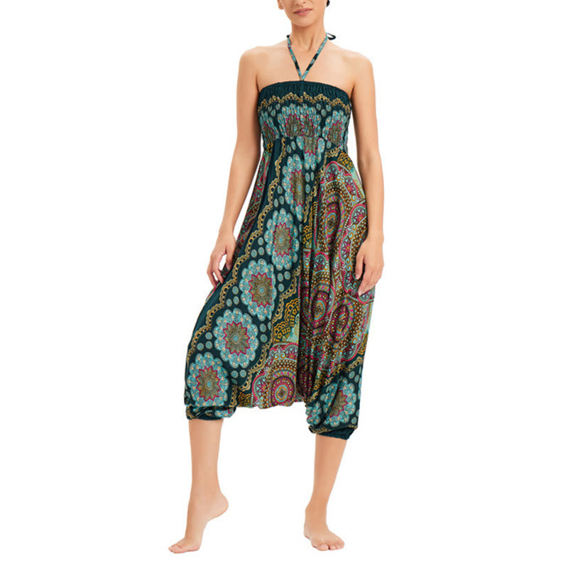 Two Style Wear Mandala Flower Pattern Loose Smocked Harem Trousers Jumpsuit High Waist Pants