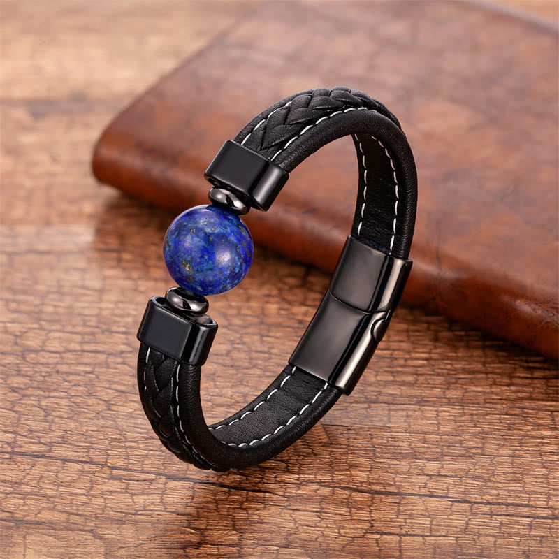 Lazurite Black Onyx Tiger Eye Lava Rock Om Mani Padme Hum Serenity Leather Bracelet