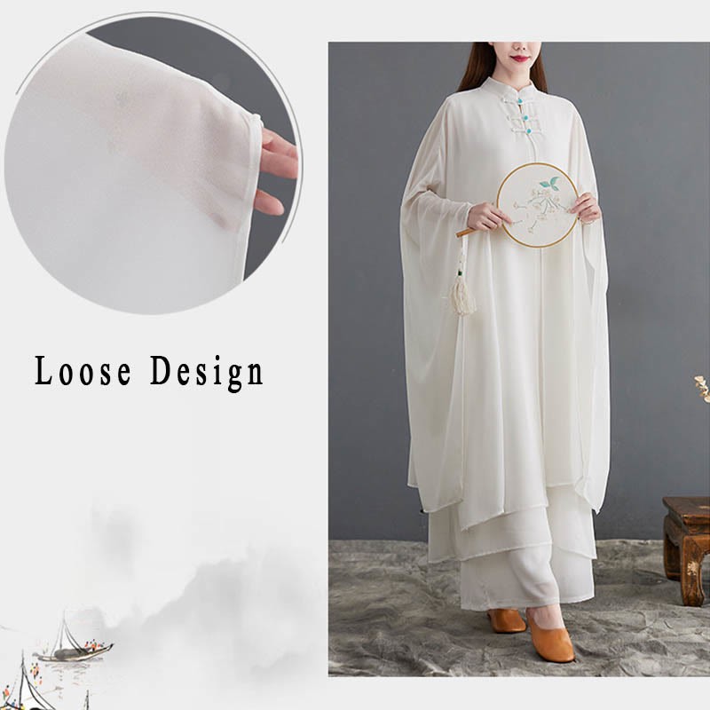 2Pcs Frog-Button Long Sleeve Midi Dress Wide Leg Pants Chiffon Zen Women's Set