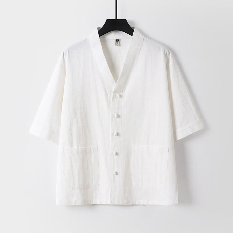 Casual Plain Color Three Quarter Sleeve Front Button Cotton Linen Men's Shirt With Pockets