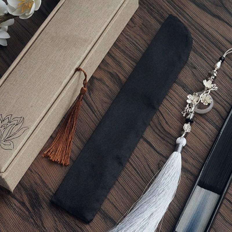 Ink Gradient Hollow Rib Plum Bossom Tassel Silk Handheld Bamboo Folding Fan