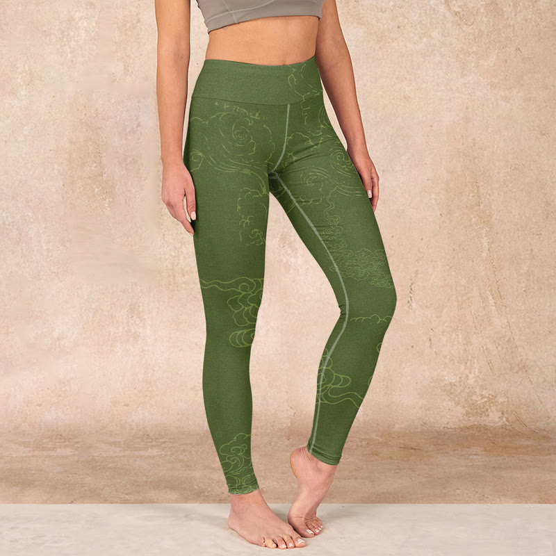 Green Auspicious Cloud Waves Print Gym Leggings Women's Yoga Pants