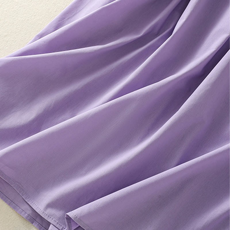 Summer Orchid Embroidery Lace-Up V-Neck Half Sleeve Cotton Linen Midi Dress With Pockets