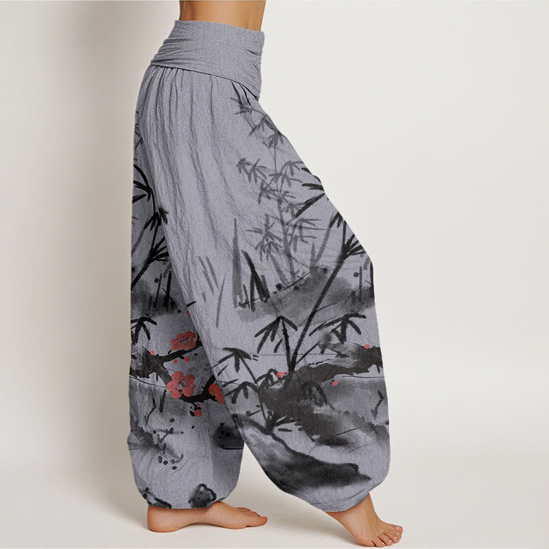 Plum Blossoms Bamboo Orchids Chrysanthemums Pattern Women's Elastic Waist Harem Pants