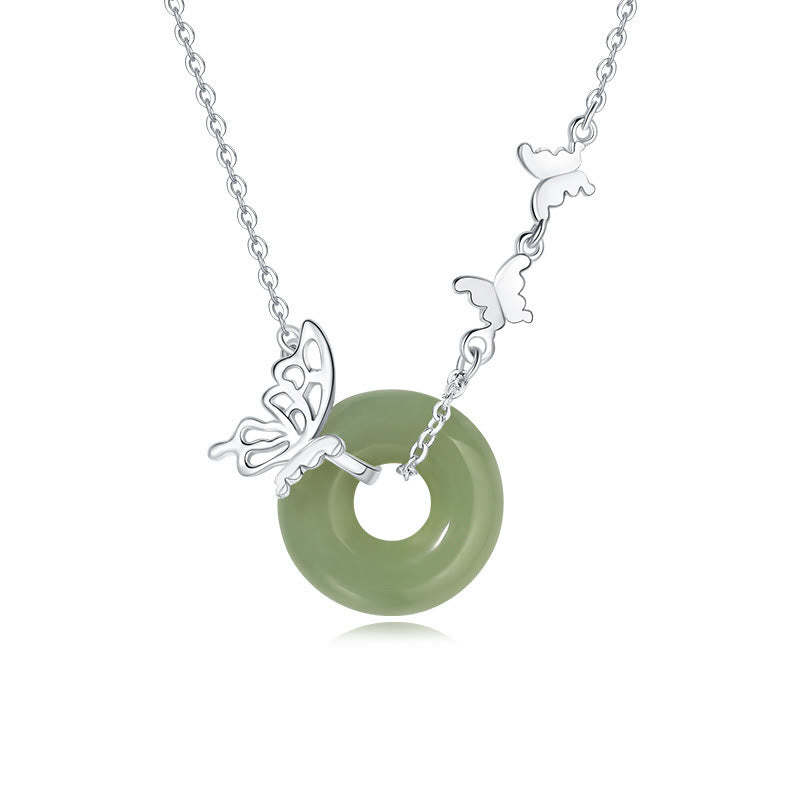 925 Sterling Silver Natural Hetian Jade Peace Buckle Butterfly Luck Prosperity Bracelet Necklace Pendant