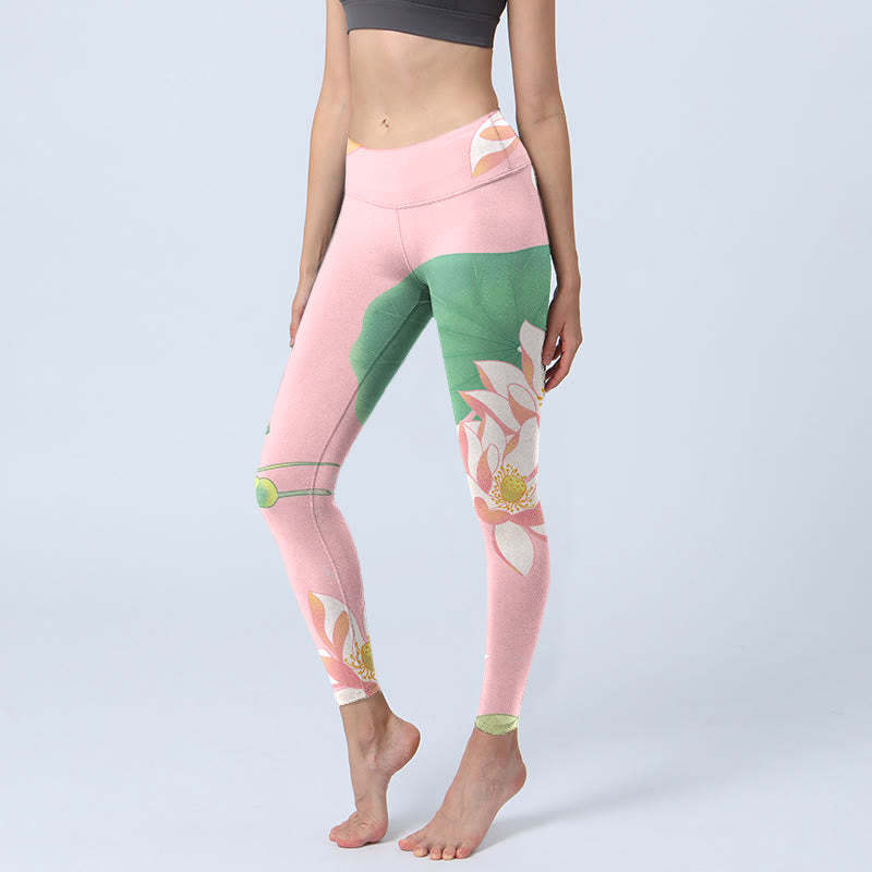 Pink Lotus Flower Leaf Print Gym Fitness Leggings Women's Yoga Pants