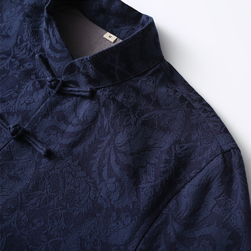 Chinese New Year Jacquard Embroidery Solid Color Cuff Frog-button Tang Suit Cotton Men's Jacket Shirt With Pockets