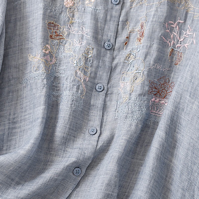 Casual Embroidered Plant Stand Collar Design Three Quarter Sleeve Women's Cotton Linen Shirt
