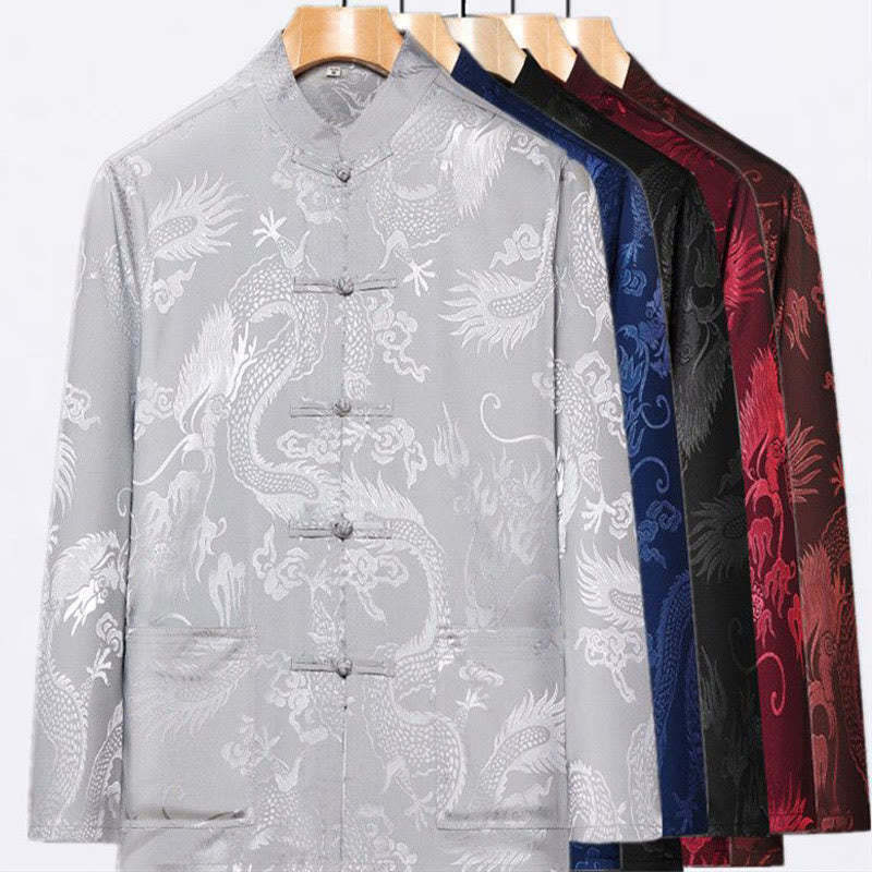 2Pcs Tang Suit Dragon Frog-Button Men's Long Sleeve Shirt Pants Clothing Set