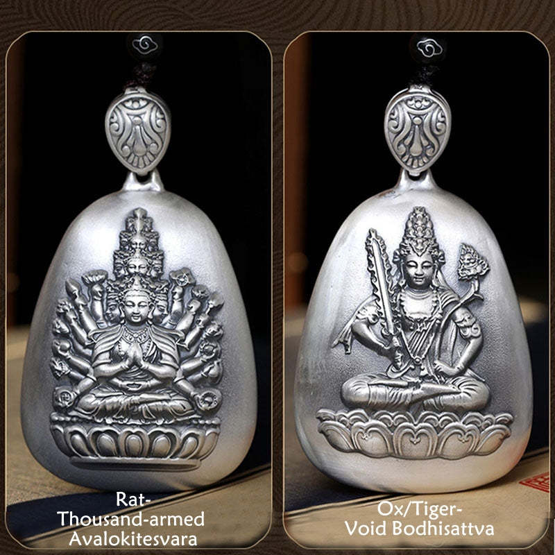 999 Sterling Silver Chinese Zodiac Natal mystic zen Heart Sutra Engraved Protection Necklace Pendant