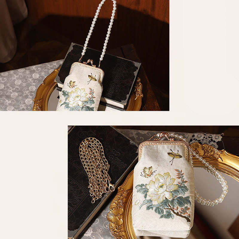 Small Flowers Butterfly Embroidered Pearl Metal Chain Shoulder Bag Crossbody Handbag Cellphone Bag