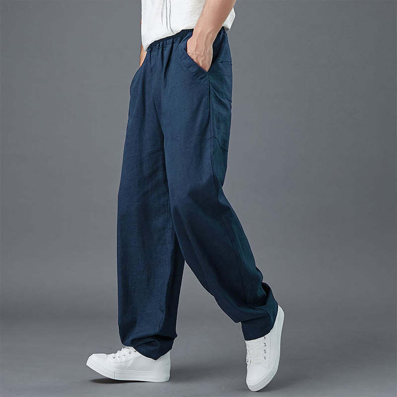 Plain Color Elastic Waist Ramie Linen Men's Pants With Pockets