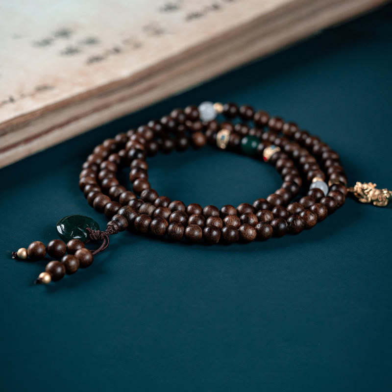 108 Mala Beads Kalimantan Agarwood Laughing mystic zen Peace Buckle Red Agate Jade Strength Bracelet