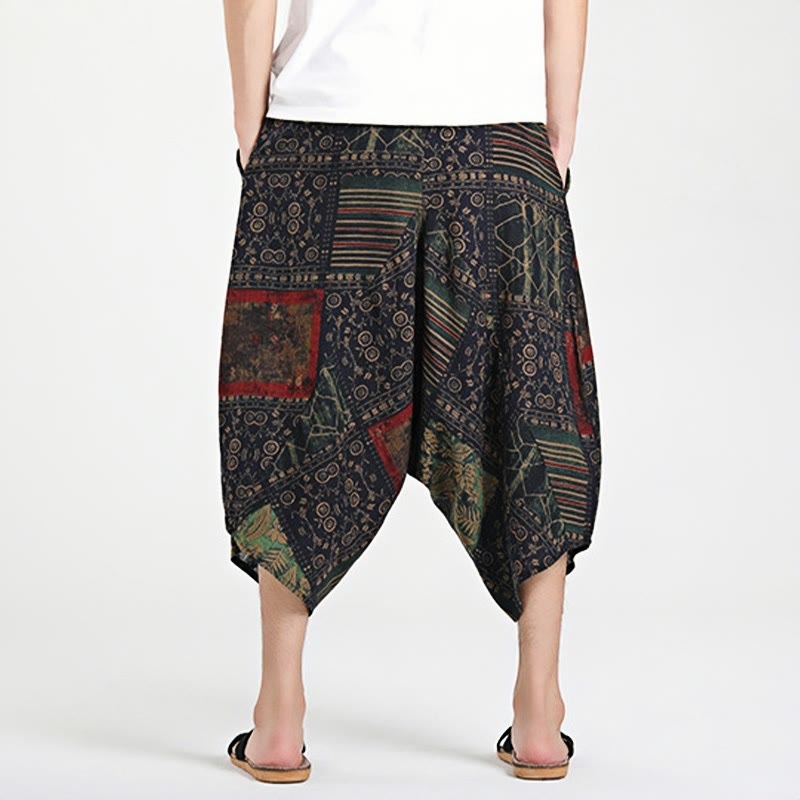 Ethnic Pattern Drawstring 7-8 Length Cotton Men's Harem Pants With Pockets