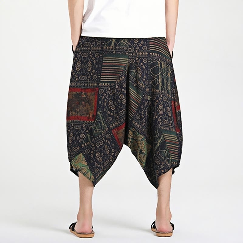 Ethnic Pattern Drawstring 7-8 Length Cotton Men's Harem Pants With Pockets