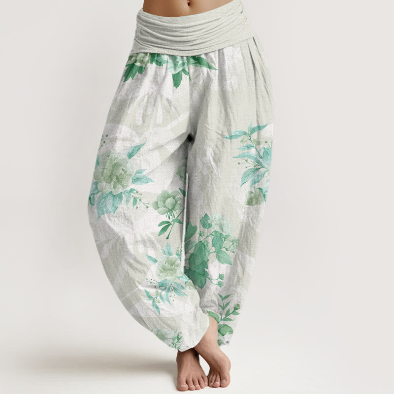 Flowers White Leaves Women's Elastic Waist Harem Pants