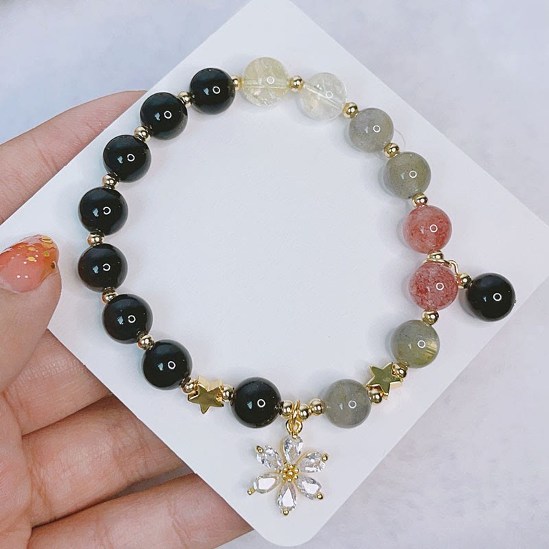 Natural Silver Sheen Obsidian Love Heart Star Flower Protection Bracelet (Extra 30% Off | USE CODE: FS30)