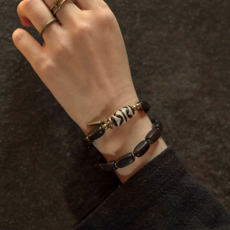Tibet Ebony Wood Dzi Bead Copper Balance Double Wrap Bracelet