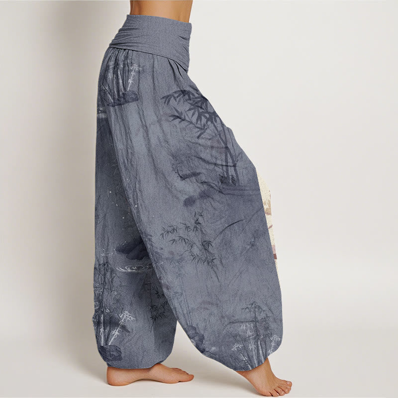 Casual Bamboo Rock Ink Painting Women's Elastic Waist Harem Pants