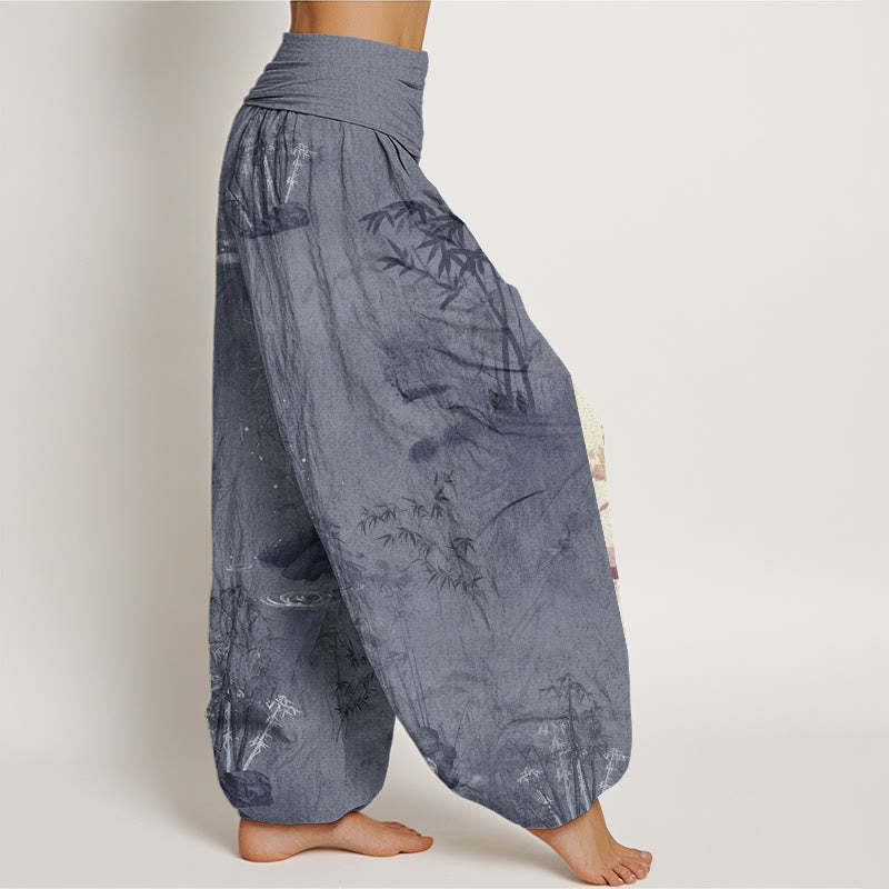 Casual Bamboo Rock Ink Painting Women's Elastic Waist Harem Pants