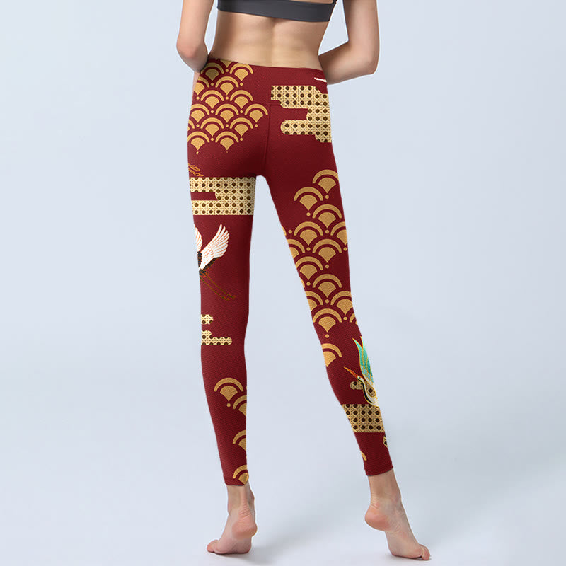 Red Crowned Crane Cloud Pattern Print Gym Leggings Women's Yoga Pants