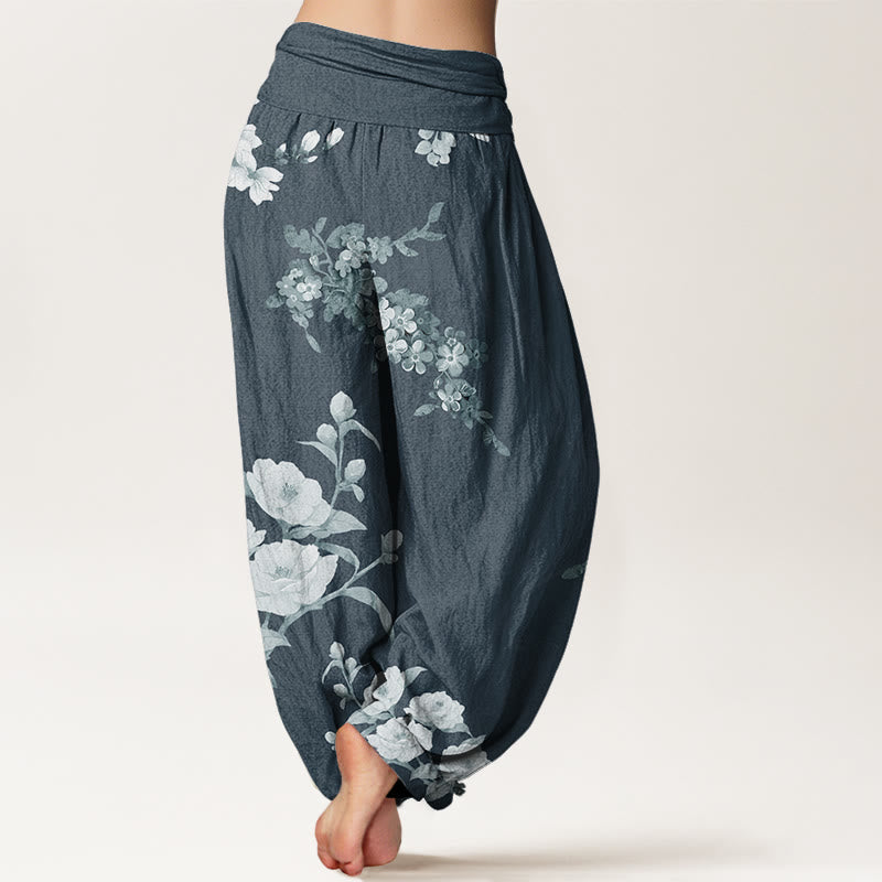 Blooming And Budding Flowers With Leaves Pattern Women's Elastic Waist Harem Pants