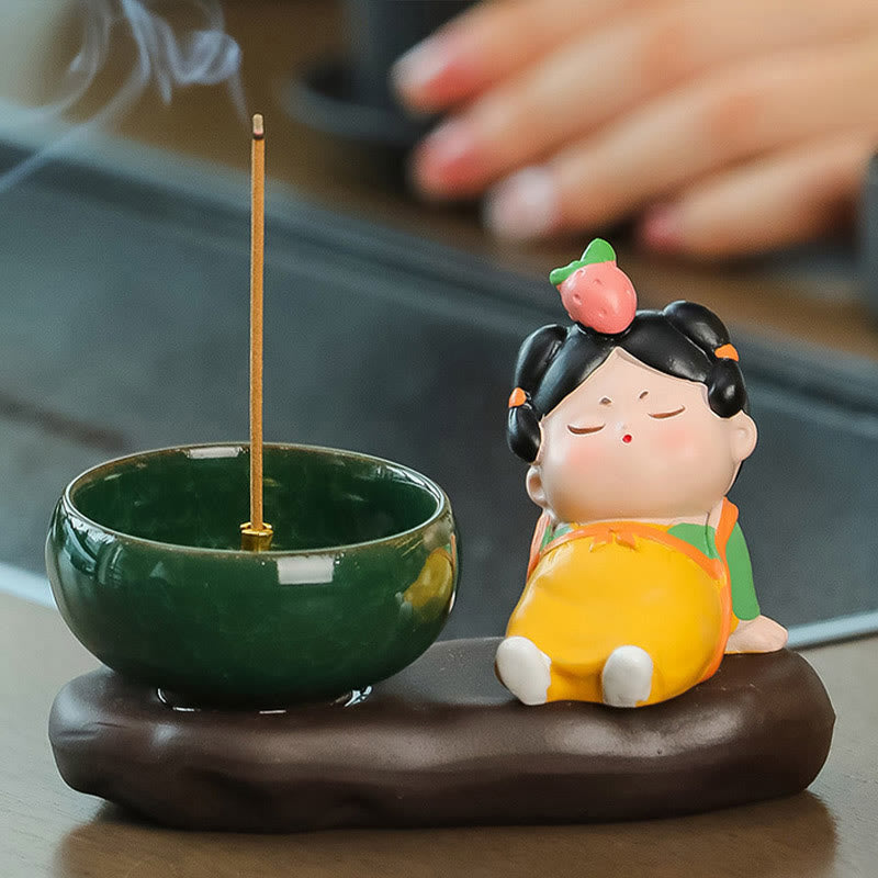 Tang Dynasty Lady Food Healing Ceramic Incense Burner Desk Decoration