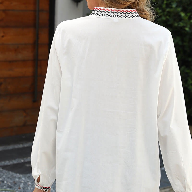 White Casual Embroidery Plants Flower Pattern Button Stand Collar Cotton Women's Shirt