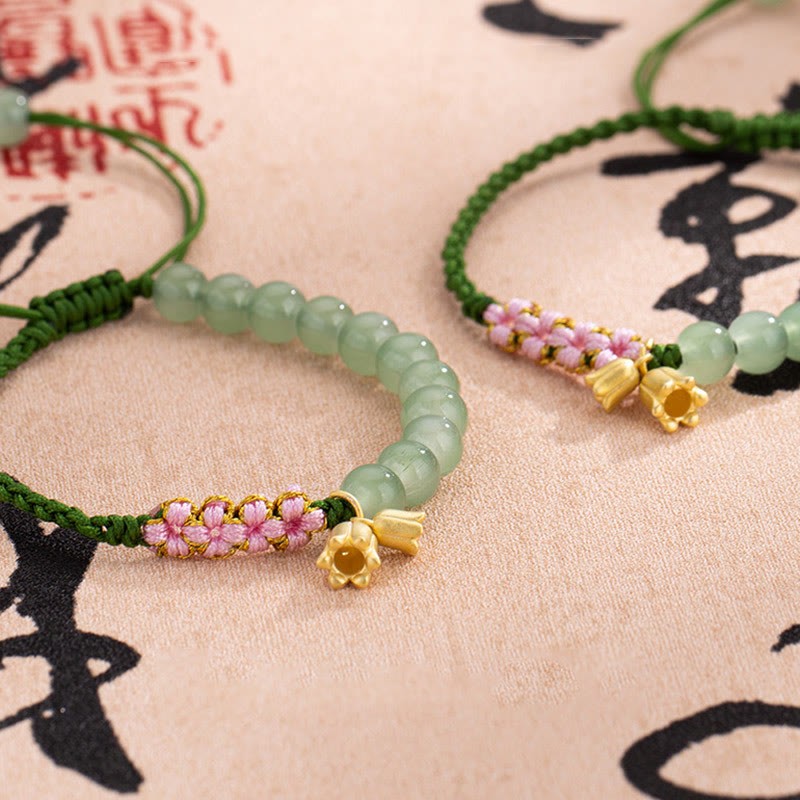 Handmade Jade Bead Lily of the Valley Charm Luck Braided Bracelet