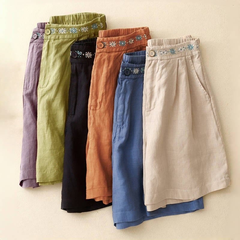 Summer Casual Embroidery Flower Pleated Zipper Button Cotton Linen Women's Shorts With Pockets