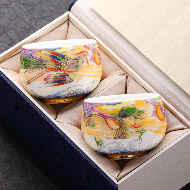 Dragon Phoenix Auspicious Clouds Sun Ocean Waves Ceramic Teacup Kung Fu Tea Cup