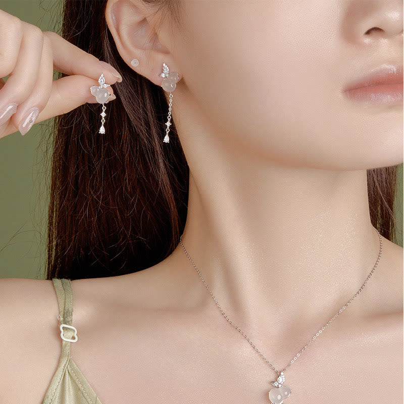 Hetian Jade Magnolia Chalcedony 925 Sterling Silver Butterfly Gourd Luck Earrings